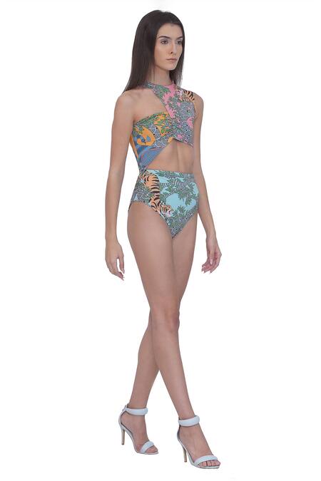 Limerick By Abirr N' Nanki_Multi Color Polyester, Spandex High Neck Multicolor Fitted Monokini _Online_at_Aza_Fashions