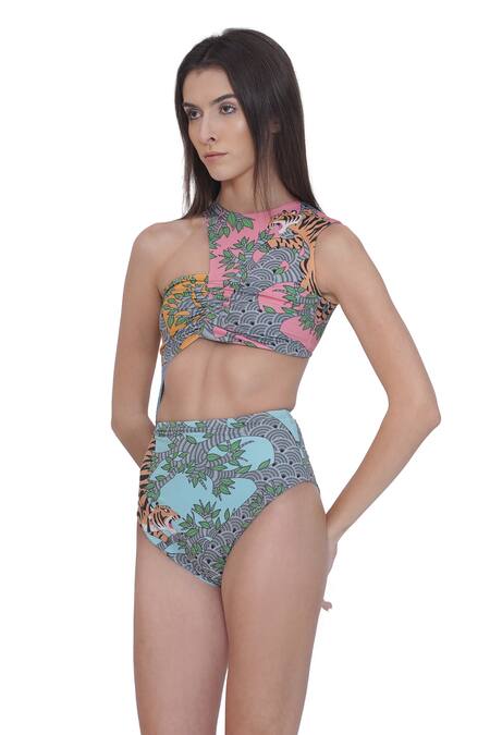 Buy_Limerick By Abirr N' Nanki_Multi Color Polyester, Spandex High Neck Multicolor Fitted Monokini _Online_at_Aza_Fashions