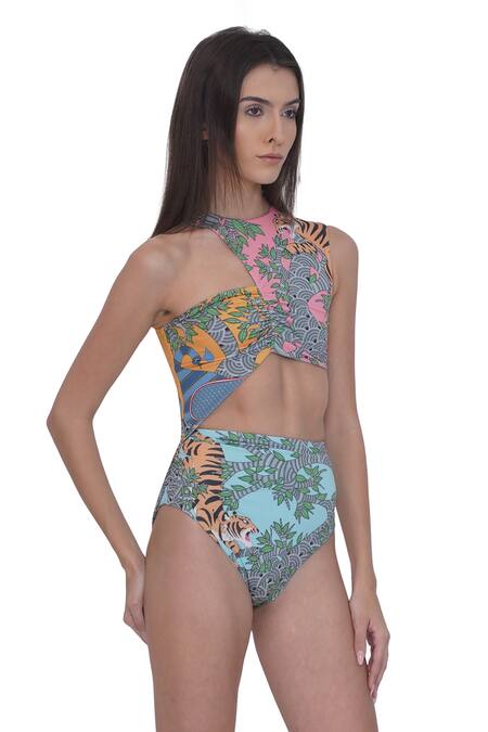 Shop_Limerick By Abirr N' Nanki_Multi Color Polyester, Spandex High Neck Multicolor Fitted Monokini _Online_at_Aza_Fashions