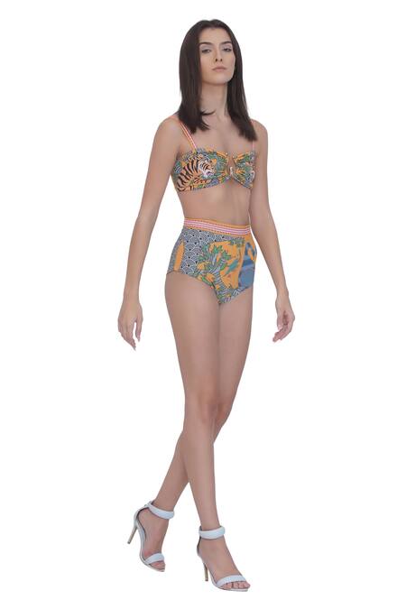 Buy_Limerick By Abirr N' Nanki_Multi Color Polyester, Spandex Scoop Neck Designer Multicolor Bikini Set _Online_at_Aza_Fashions