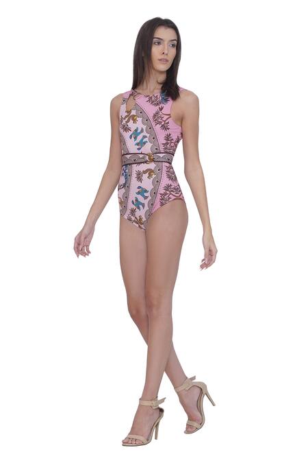 Limerick By Abirr N' Nanki_Multi Color Polyester, Spandex Round Neck Multicolor Designer Monokini With Belt _Online_at_Aza_Fashions