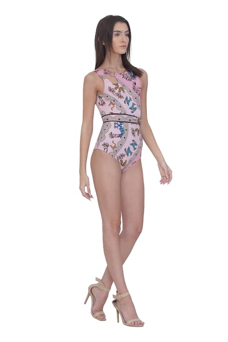 Buy_Limerick By Abirr N' Nanki_Multi Color Polyester, Spandex Round Neck Multicolor Designer Monokini With Belt _Online_at_Aza_Fashions
