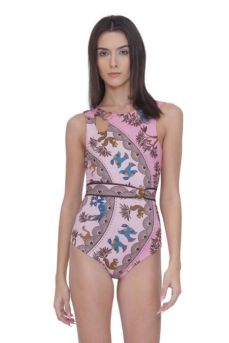 Limerick By Abirr N' Nanki_Multi Color Polyester, Spandex Round Neck Multicolor Designer Monokini With Belt _at_Aza_Fashions
