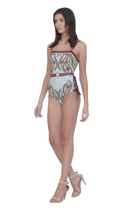 Limerick By Abirr N' Nanki_Multi Color Polyester, Spandex Square Neck Multicolor Printed Monokini Set _Online_at_Aza_Fashions