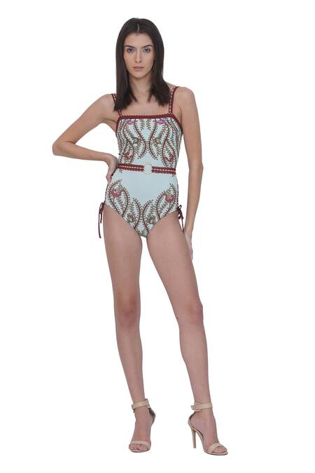 Shop_Limerick By Abirr N' Nanki_Multi Color Polyester, Spandex Square Neck Multicolor Printed Monokini Set _Online_at_Aza_Fashions