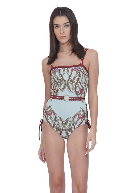 Limerick By Abirr N' Nanki_Multi Color Polyester, Spandex Square Neck Multicolor Printed Monokini Set _at_Aza_Fashions