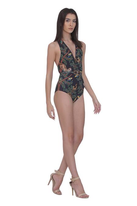 Limerick By Abirr N' Nanki_Black Polyester, Spandex V-neck Printed Monokini Set With Belt _Online_at_Aza_Fashions