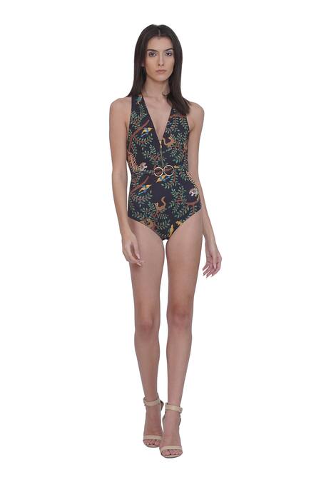Shop_Limerick By Abirr N' Nanki_Black Polyester, Spandex V-neck Printed Monokini Set With Belt _Online_at_Aza_Fashions