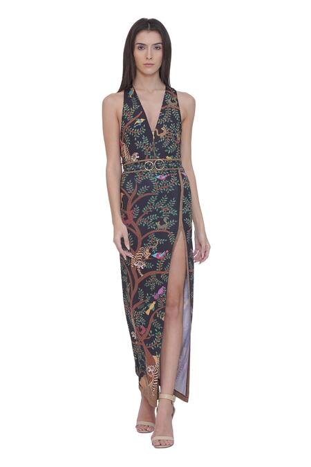 Limerick By Abirr N' Nanki_Black Polyester, Spandex V-neck Printed Monokini Set With Belt _at_Aza_Fashions