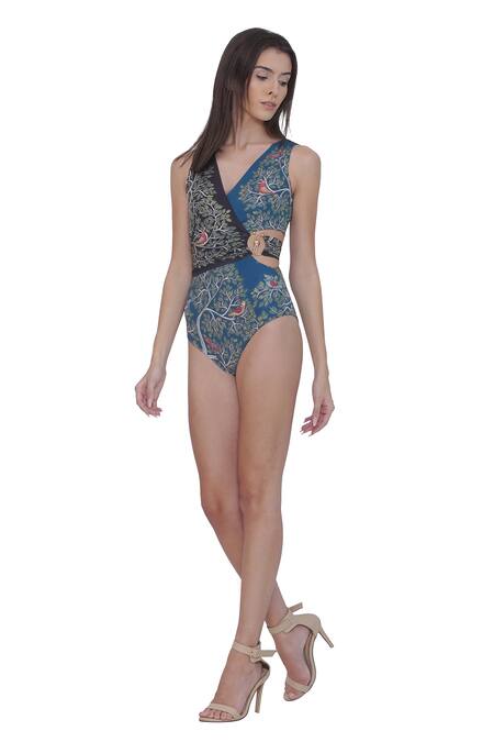 Limerick By Abirr N' Nanki_Multi Color Polyester, Spandex V-neck Floral Print Designer Monokini _at_Aza_Fashions