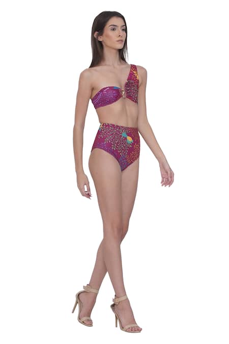 Limerick By Abirr N' Nanki_Pink Polyester, Spandex One Shoulder Designer Floral Print Bikini Set _Online_at_Aza_Fashions