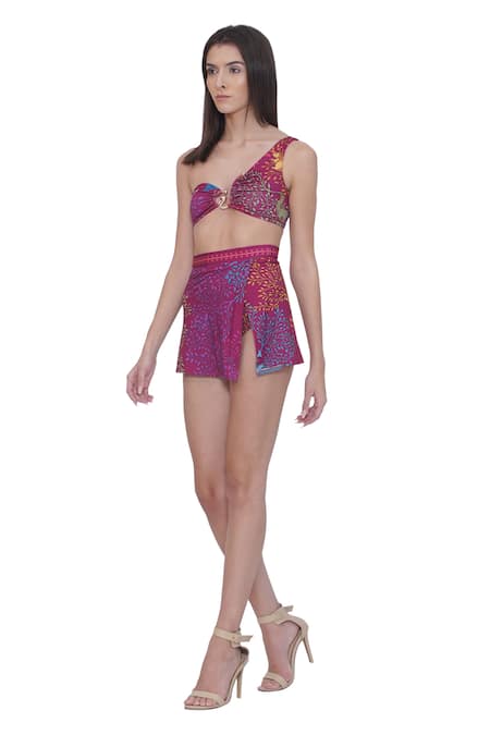 Buy_Limerick By Abirr N' Nanki_Pink Polyester, Spandex One Shoulder Designer Floral Print Bikini Set _Online_at_Aza_Fashions