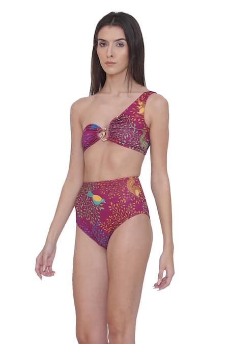 Shop_Limerick By Abirr N' Nanki_Pink Polyester, Spandex One Shoulder Designer Floral Print Bikini Set _Online_at_Aza_Fashions