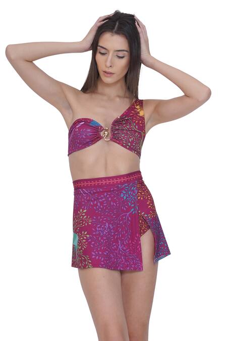 Buy_Limerick By Abirr N' Nanki_Pink Polyester, Spandex One Shoulder Designer Floral Print Bikini Set 