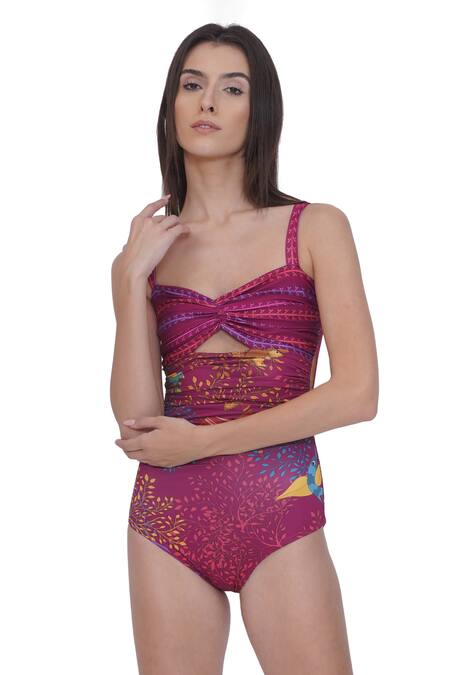 Shop_Limerick By Abirr N' Nanki_Pink Polyester, Spandex Square Neck Fitted Designer Monokini _Online_at_Aza_Fashions