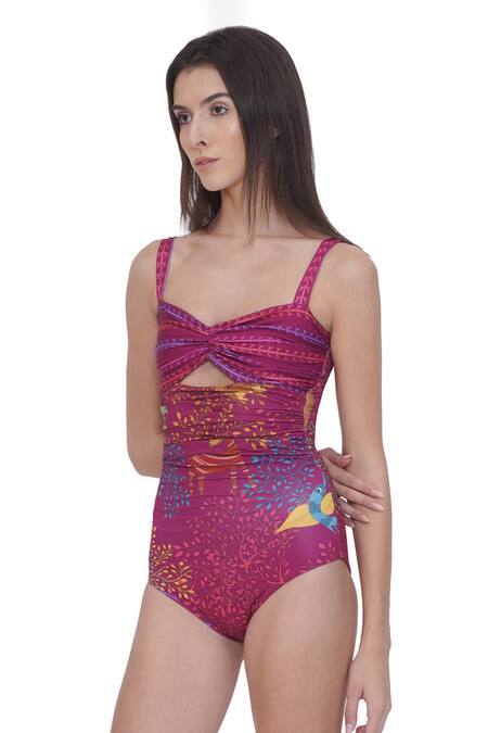 Buy_Limerick By Abirr N' Nanki_Pink Polyester, Spandex Square Neck Fitted Designer Monokini 