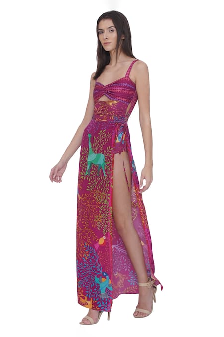 Shop_Limerick By Abirr N' Nanki_Pink Open Neck Designer Printed Sarong _Online_at_Aza_Fashions
