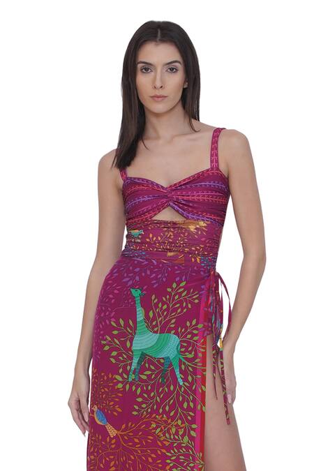 Limerick By Abirr N' Nanki_Pink Open Neck Designer Printed Sarong _at_Aza_Fashions