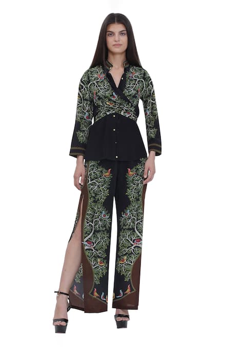 Shop Limerick By Abirr N' Nanki Black Crepe Embroidery Collared Draped Tunic With Floral Print Online at Aza Fashions Shop_Limerick By Abirr N' Nanki_Black Crepe Embroidery Collared Draped Tunic With Floral Print _Online_at_Aza_Fashions