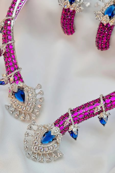 Kavipushp_Multi Color Crystals, Stones Royal Sapphire Bliss Dual Necklace Set _Online_at_Aza_Fashions