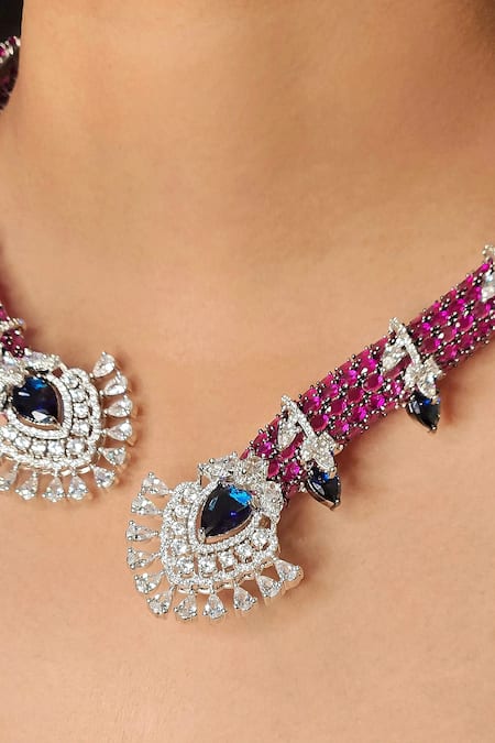 Buy_Kavipushp_Multi Color Crystals, Stones Royal Sapphire Bliss Dual Necklace Set _Online_at_Aza_Fashions