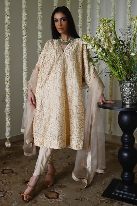 Shorshe Clothing_Ivory Chanderi, Satin Lace, Embroidery V-neck Geometric Hand Kaftan Set _Online_at_Aza_Fashions