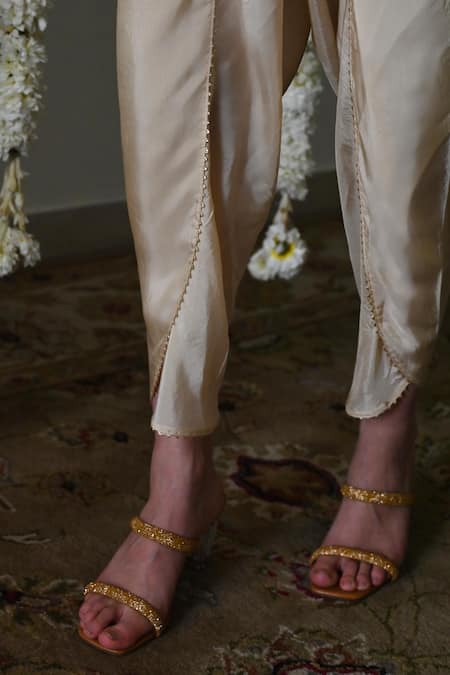 Shop_Shorshe Clothing_Ivory Chanderi, Satin Lace, Embroidery V-neck Geometric Hand Kaftan Set _Online_at_Aza_Fashions