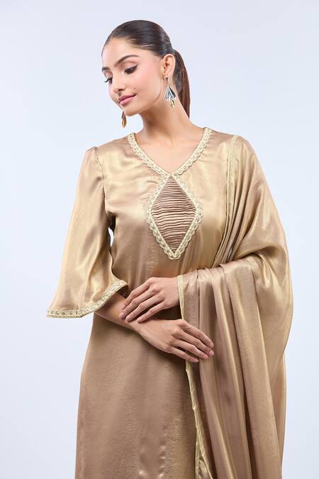 Naintara Bajaj Gold Georgette V-neck Copper Modal Digital Print Kurta Set Online at Aza Fashions Naintara Bajaj_Gold Georgette V-neck Copper Modal Digital Print Kurta Set _Online_at_Aza_Fashions