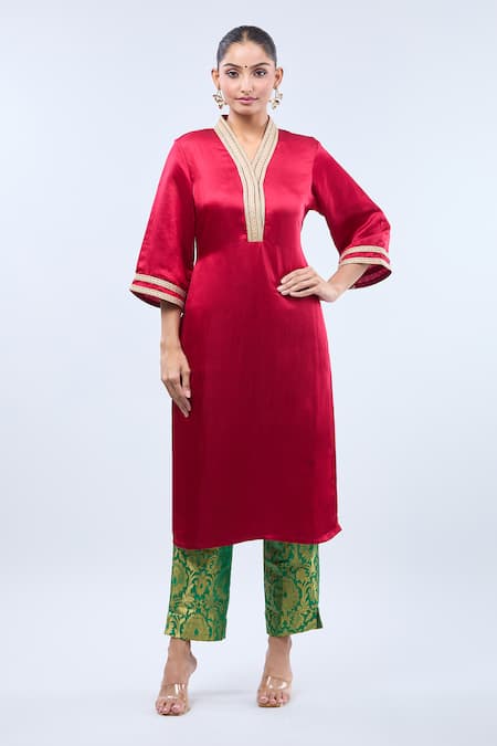 Shop_Samyukta Singhania_Red Brocade, Linen Lace, Embroidery Split V-neck Straight Kurta Set _Online_at_Aza_Fashions