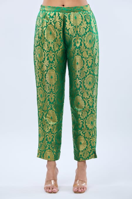 Buy_Samyukta Singhania_Red Brocade, Linen Lace, Embroidery Split V-neck Straight Kurta Set 