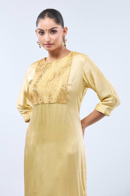 Shop_Samyukta Singhania_Cream Brocade Lace Round Neck Work Straight Kurta Set_Online_at_Aza_Fashions