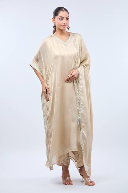 Buy_Samyukta Singhania_Cream Georgette Lace V-neck Work Shimmer Kaftan Set _Online_at_Aza_Fashions