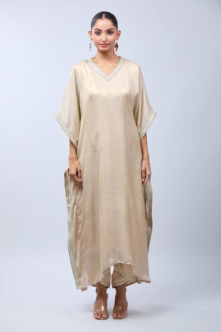 Shop_Samyukta Singhania_Cream Georgette Lace V-neck Work Shimmer Kaftan Set _Online_at_Aza_Fashions