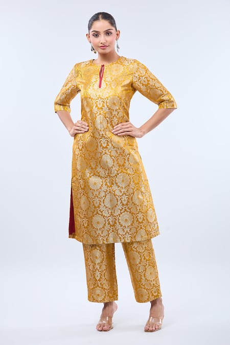 Buy_Samyukta Singhania_Mustard Brocade Mandarin Collar Kurta Set _Online_at_Aza_Fashions