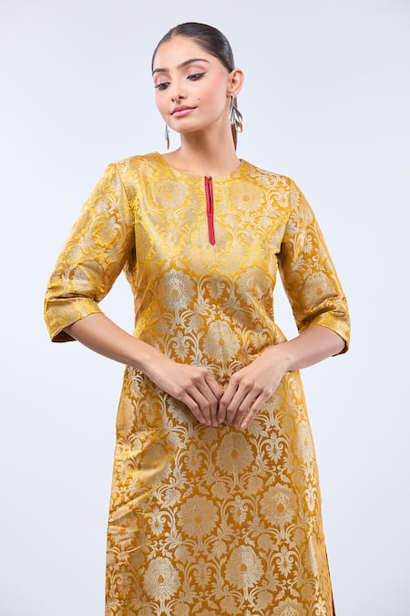 Shop_Samyukta Singhania_Mustard Brocade Mandarin Collar Kurta Set _Online_at_Aza_Fashions
