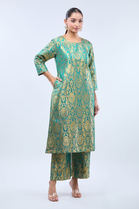 Samyukta Singhania_Green Brocade Embroidery Round Neck Peacock Kurta Set _Online_at_Aza_Fashions