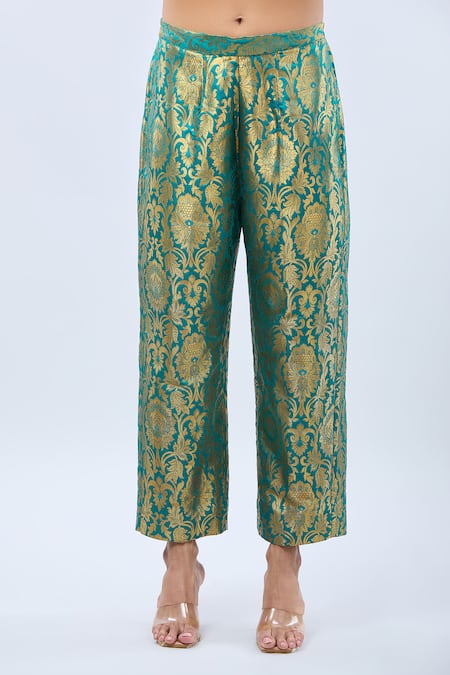 Buy_Samyukta Singhania_Green Brocade Embroidery Round Neck Peacock Kurta Set _Online_at_Aza_Fashions