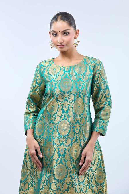 Shop_Samyukta Singhania_Green Brocade Embroidery Round Neck Peacock Kurta Set _Online_at_Aza_Fashions