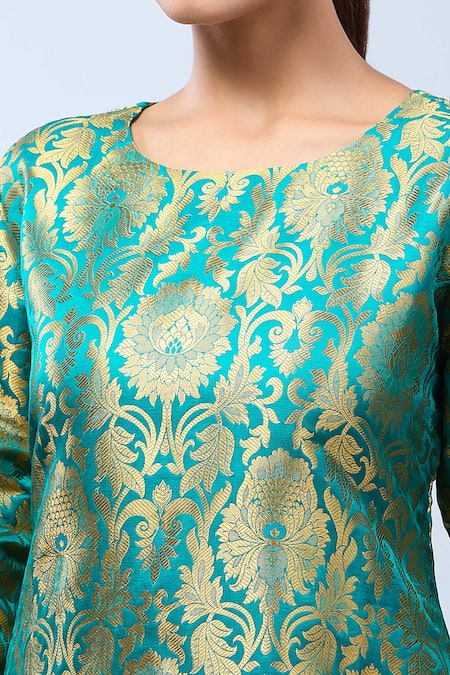 Buy_Samyukta Singhania_Green Brocade Embroidery Round Neck Peacock Kurta Set 