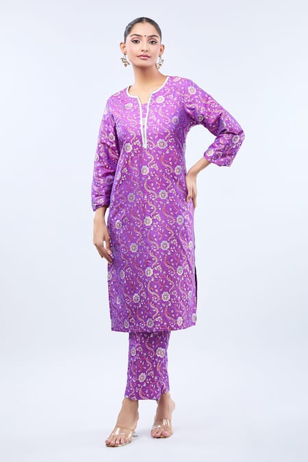 Buy_Samyukta Singhania_Purple Brocade Embroidery Round Neck Straight Kurta Set _Online_at_Aza_Fashions
