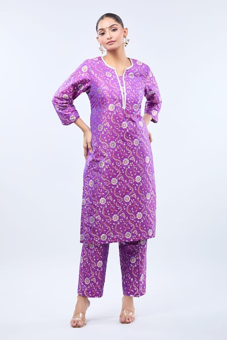 Shop_Samyukta Singhania_Purple Brocade Embroidery Round Neck Straight Kurta Set _Online_at_Aza_Fashions