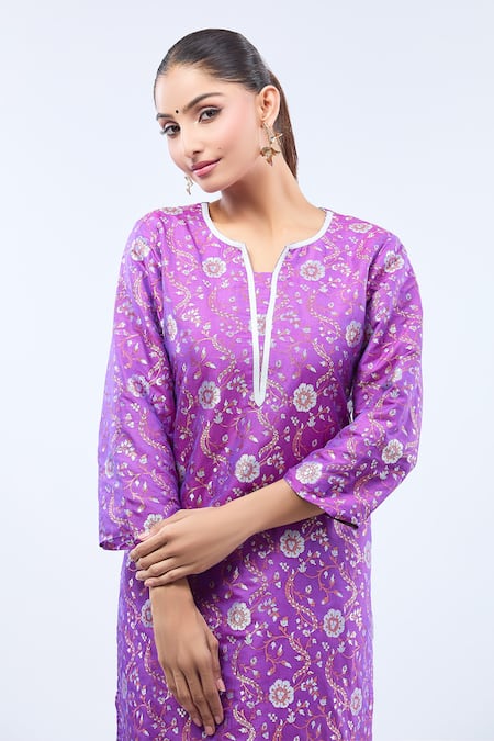 Buy_Samyukta Singhania_Purple Brocade Embroidery Round Neck Straight Kurta Set 