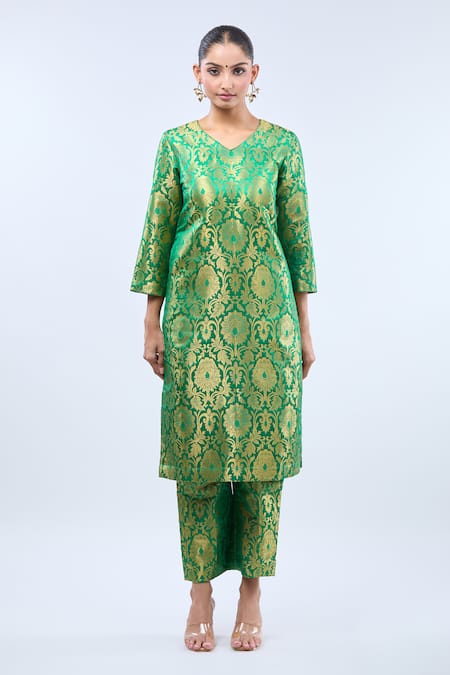 Shop_Samyukta Singhania_Green Brocade Embroidery V-neck Straight Kurta Set _Online_at_Aza_Fashions