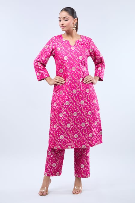 Shop_Samyukta Singhania_Pink Brocade Embroidery Split V-neck Straight Kurta Set _Online_at_Aza_Fashions