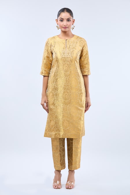 Shop_Samyukta Singhania_Cream Brocade Embroidery Round Neck Straight Kurta Set _Online_at_Aza_Fashions