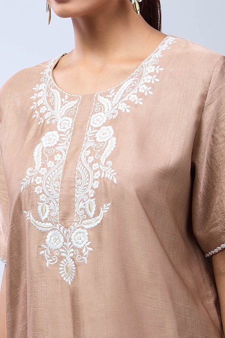 Naintara Bajaj_Brown Nylon Embroidery Round Neck Straight Kurta Set _Online_at_Aza_Fashions