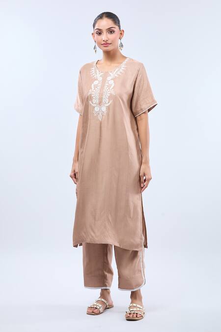 Buy_Naintara Bajaj_Brown Nylon Embroidery Round Neck Straight Kurta Set _Online_at_Aza_Fashions