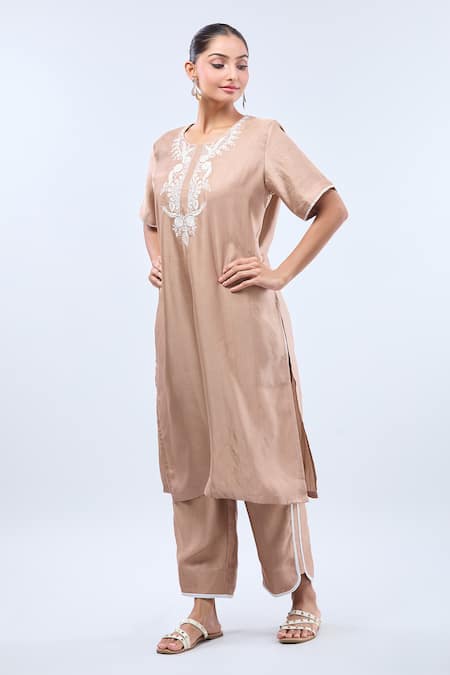 Shop_Naintara Bajaj_Brown Nylon Embroidery Round Neck Straight Kurta Set _Online_at_Aza_Fashions