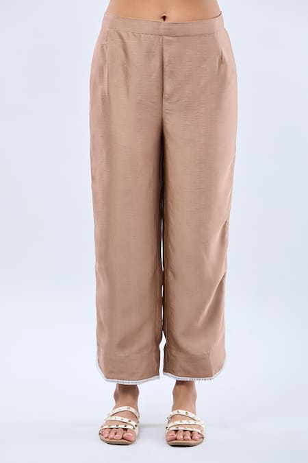 Naintara Bajaj_Brown Nylon Embroidery Round Neck Straight Kurta Set _at_Aza_Fashions