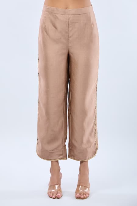 Shop_Naintara Bajaj_Brown Nylon Embroidery Round Neck Straight Kurta Set_Online_at_Aza_Fashions